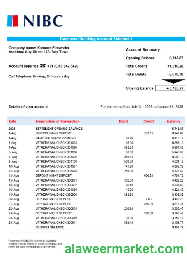 NIBC Bank business organization checking  statement Word and PDF format
